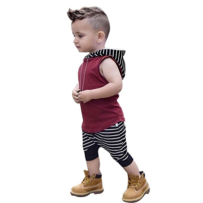 ♬♬2018 Hot Sale!Todaies Summer Baby Boy Hooded Vest Tops+Shorts Pants 2pcs Outfits Toddler Kids Striped Clothes Set