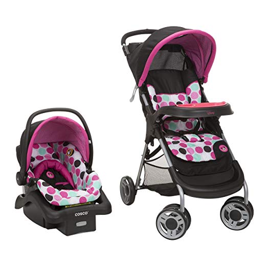 Disney Baby Minnie Mouse Lift & Stroll Plus Travel System with Light 'N Comfy Infant Car Seat, Minnie Dotty